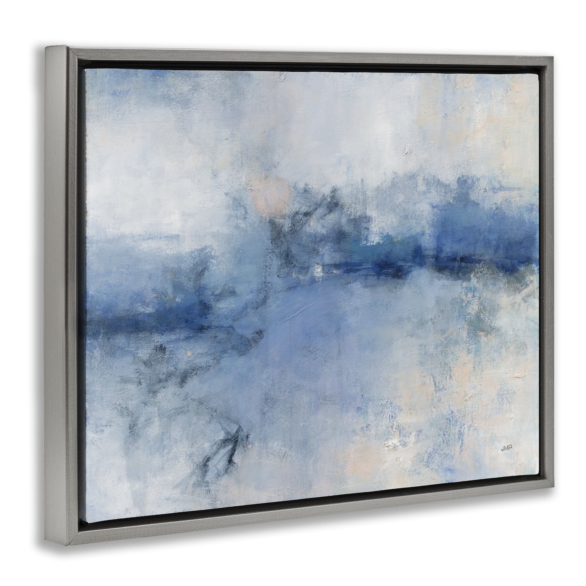 Stupell Industries Blue Seaside Impressions Abstract Painting Gray Floater Framed Canvas Art Print Wall Art, 31 x 25