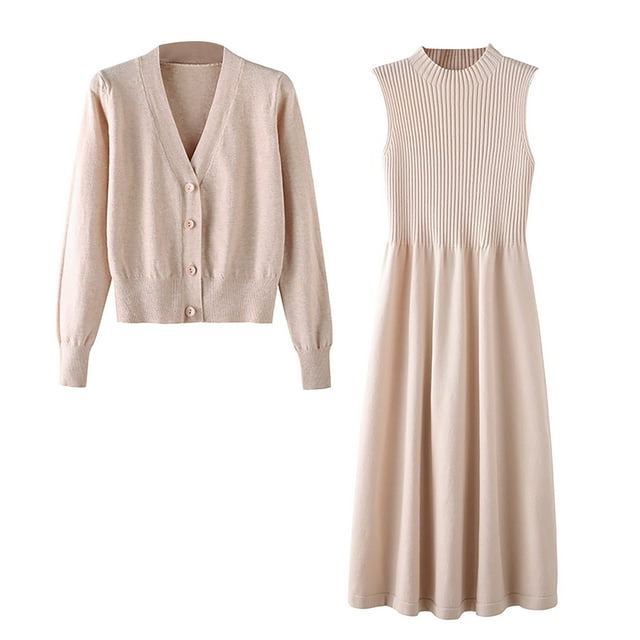 CEHVOM Mode Femme Aguichant Solide Printemps Automne Décontracté Col en V Ensemble Deux Pièces Manches Longues Robe Solide Vente