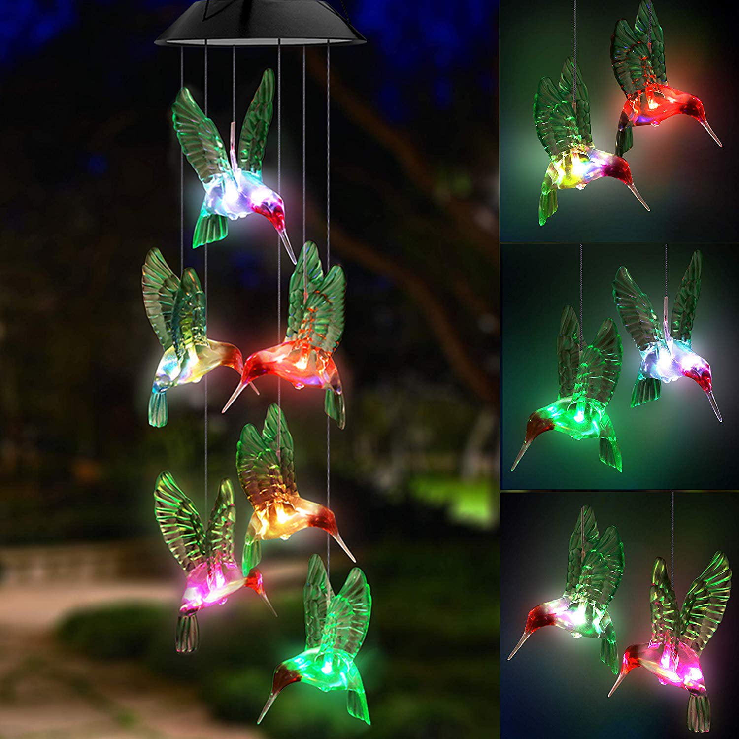 QiShi Solar Hummingbird Wind Chime Outdoor Indoor, Color Changing Led Solar Power Wind Chime Light, Colorful Decorative Mobile Hanging Wind Chime Personalized for Home, Patio, Garden, Yad, Porch