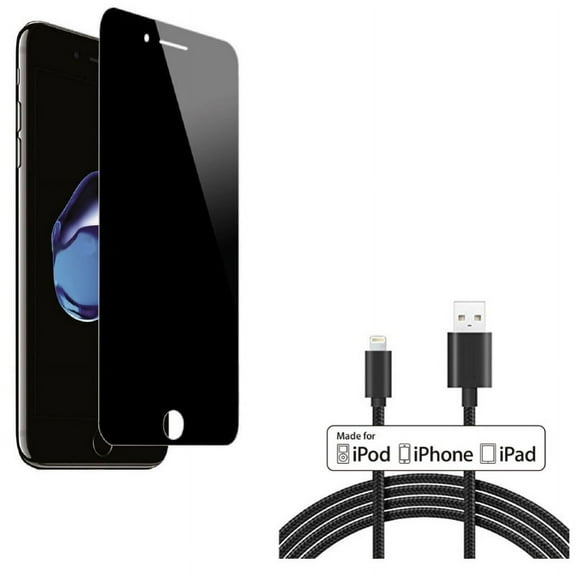 iPhone 8/7/6S/6 - 6ft MFi USB Cable w Tempered Glass Privacy Screen Protector - Certified Charger Cord Power Wire Braided, Curved Anti-Spy Anti-Peep 3D Edge Case Friendly for iPhone 8/7/6S/6