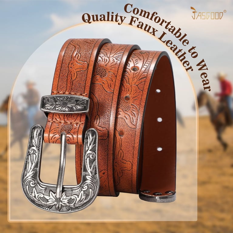 JASGOOD Western Belt for Women Vintage Floral Carved Cowboy  display picture 3
