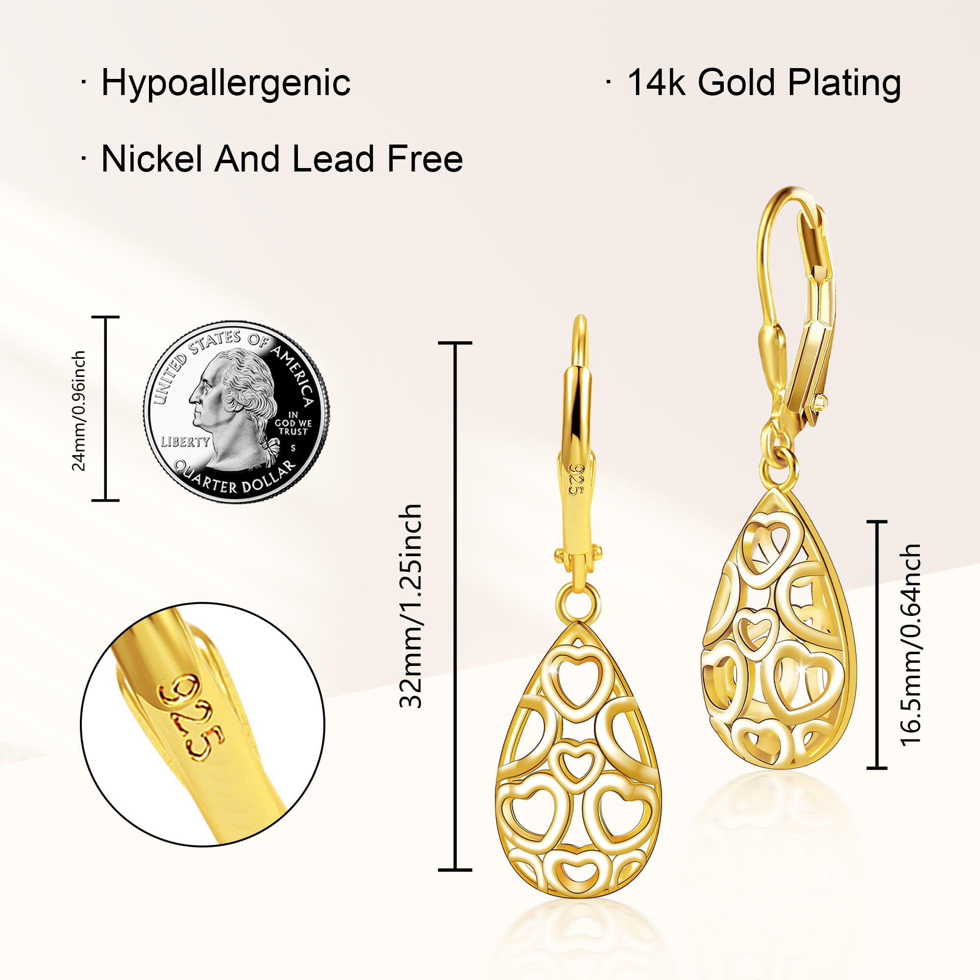 Alexcraft 14K Gold Plated Teardrop Leverback Filigree Dangle Earrings, Hypoallergenic Sterling Silver Plated earrings for Women