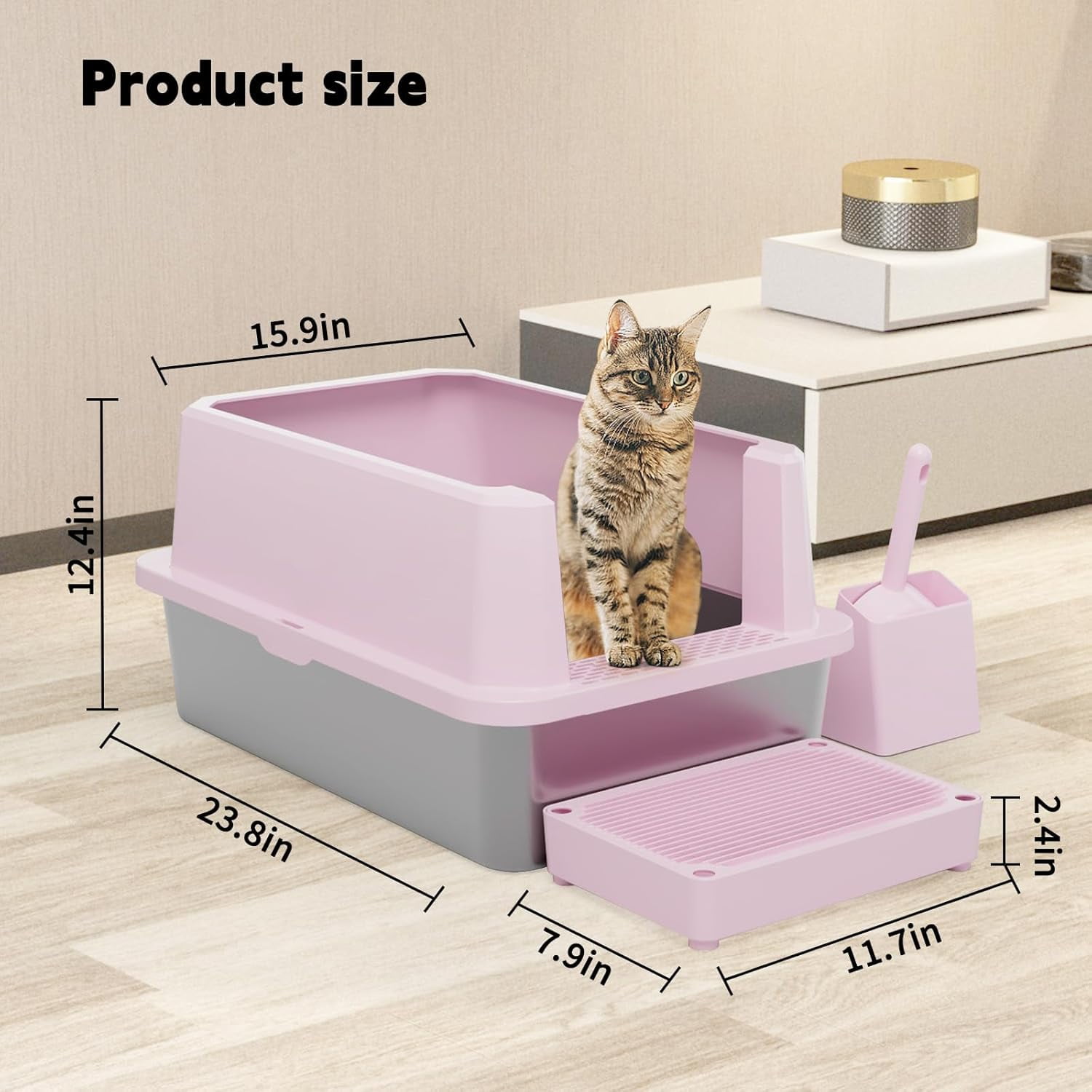 Large Cat Litter Box: Pink Semi-Closed Stainless Steel Litter Box with High Edges - Odorless Litter Pan Anti Leakage for Small to Large Cats for Bedroom Living Room