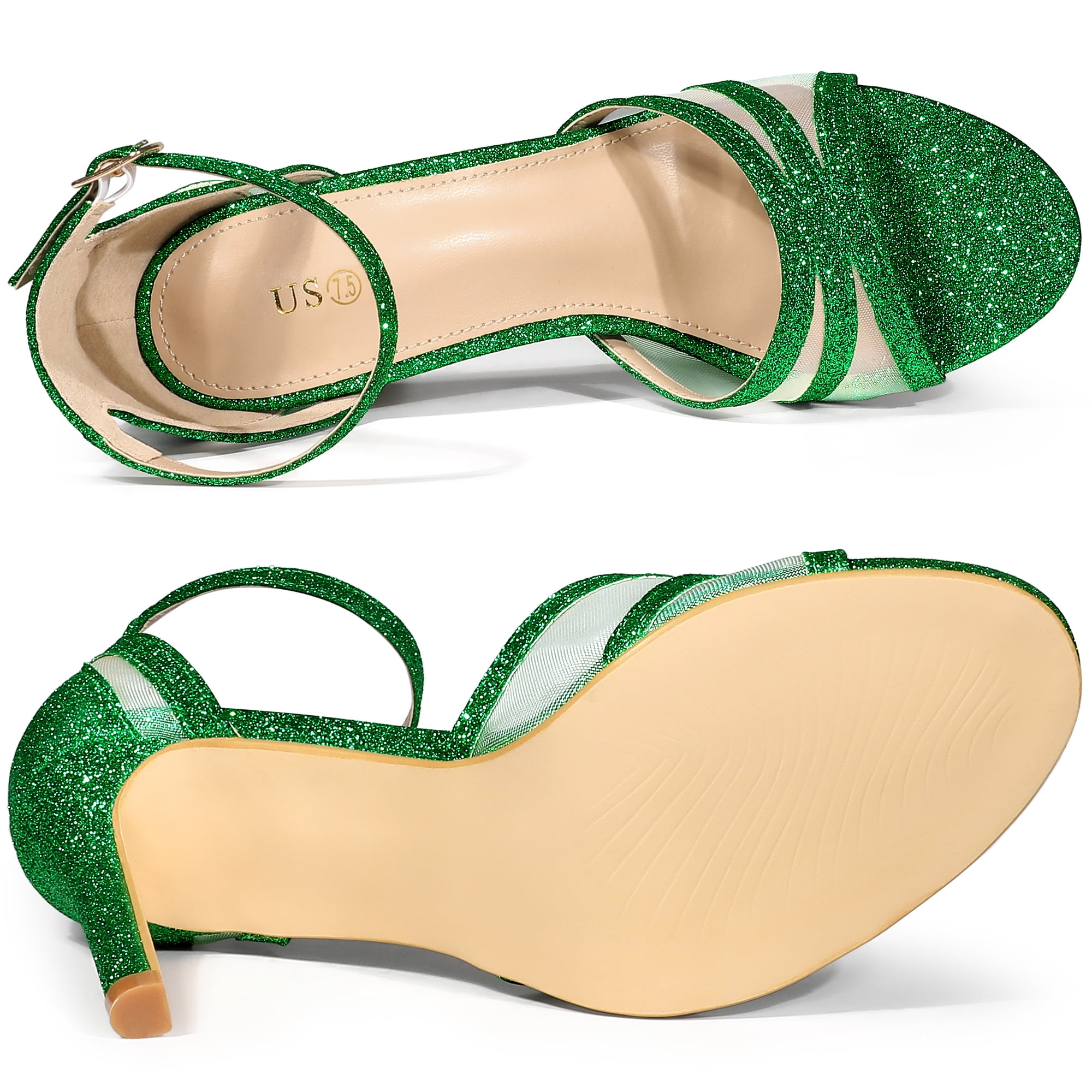 DARING DIVA Women's Glitter Ankle Strap Stiletto Heels Sandals Grass Green 7.5