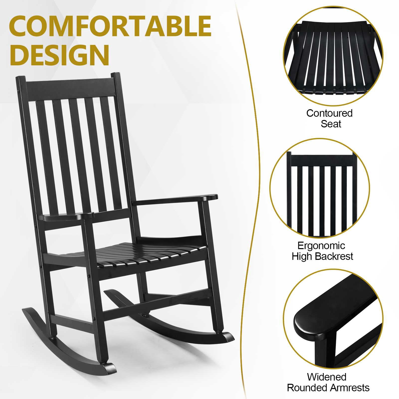 Ktaxon Wooden Rocking Chair, Wood Rocker, Patio  Chair, Wooden Rocker, Wood Chair for Outdoors and Indoors, Patio Lawn, Yard, Black