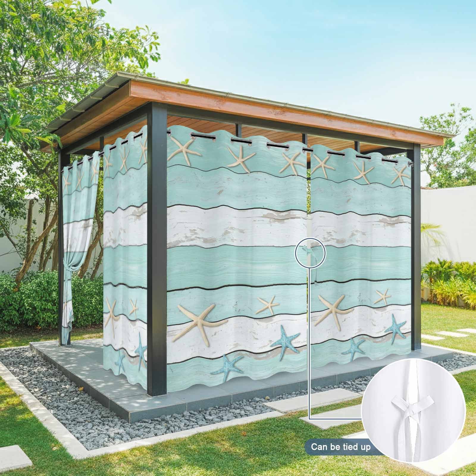 Summer Beach Theme Outdoor Curtains for Patio, Teal and White Wood Grain Beige Starfish Sunshade Privacy Drapes Grommet Waterproof Outside Curtains for Porch/Cabana/Balcony 54"x 108", 1 Panel