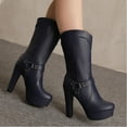 thumbnail image 2 of Blue Solid Color Mid Calf Boots For Women With Belt Buckle And Platform Heel High Heel For A Fashionable Winter Look, 2 of 6