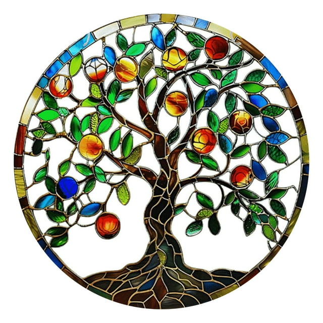 Tree of Life Stained Window Hanging Panel for Home Porch Kitchen Bedroom Inspirational Tree Design Green Translucent Acrylic Window Art Suncatcher