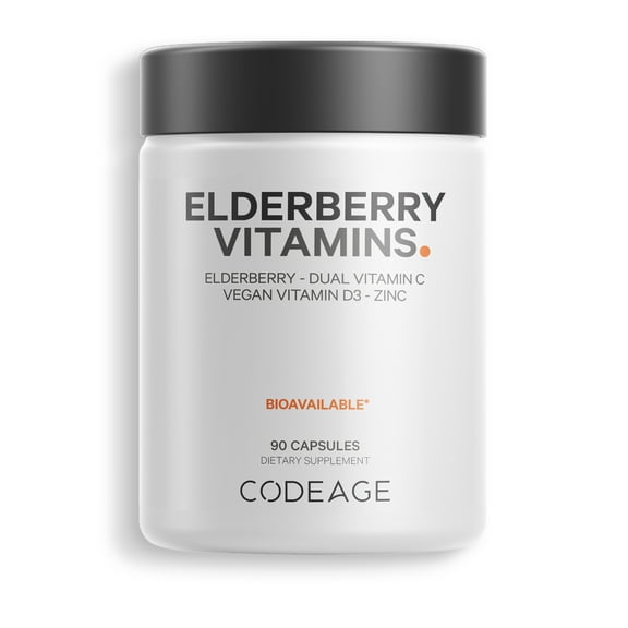Codeage Organic Black Elderberry Blend, Vitamin C, Vegan D3 5000 IU, Zinc, Sambucus Berries Flavonoid, 90 ct