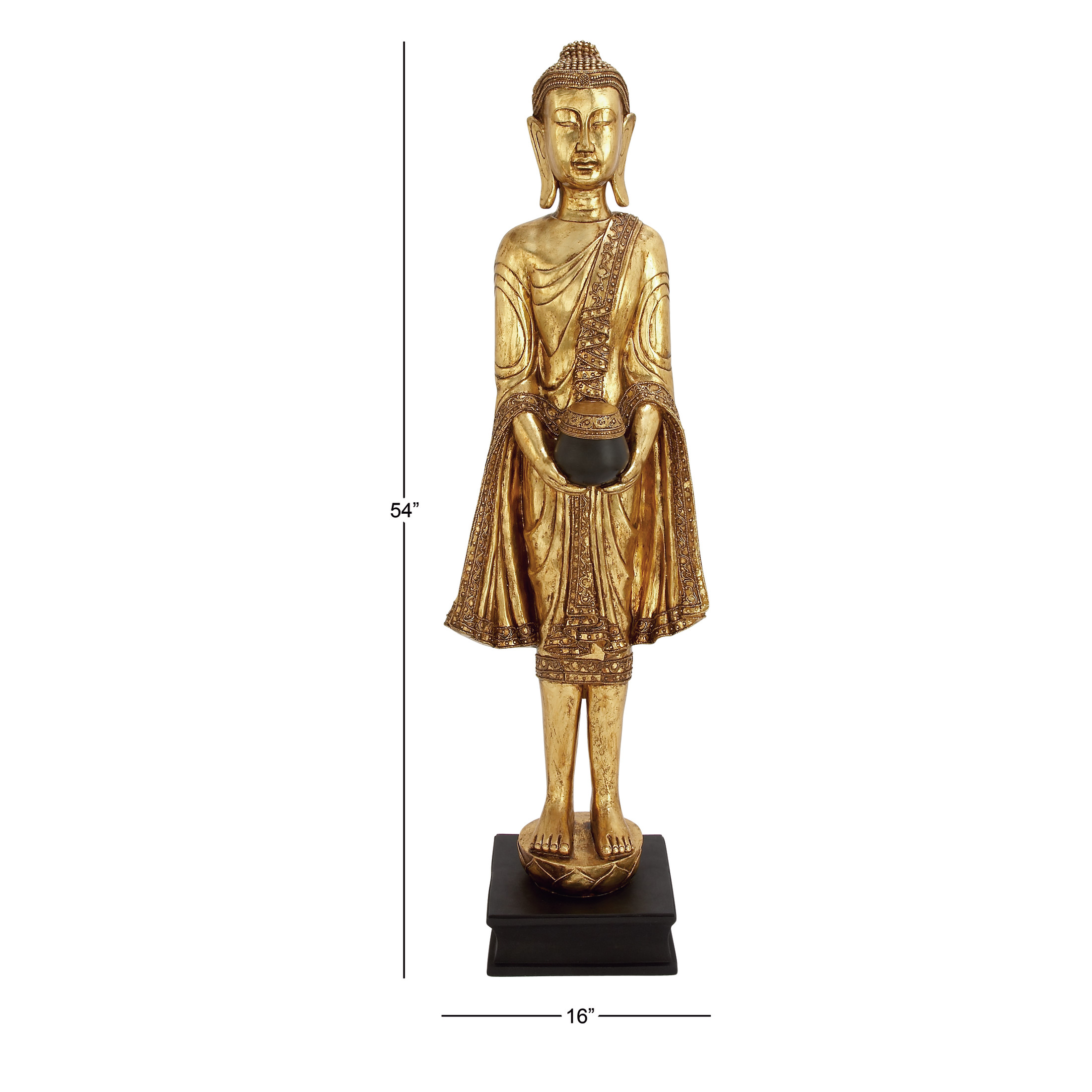 16" x 54" Gold Polystone Standing Floor Buddha Sculpture with Engraved Carvings and Relief Detailing, by DecMode