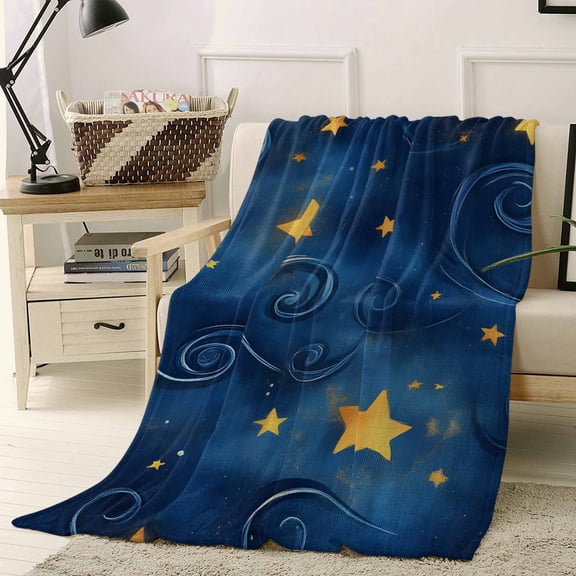 Fleece Blanket Gold Star Swirling on Dark Blue Blankets, Soft Cozy Warm Flannel Throw Blanket, Universe Starry Sky Retro Style Blanket for Bed Couch Sofa,40x50In