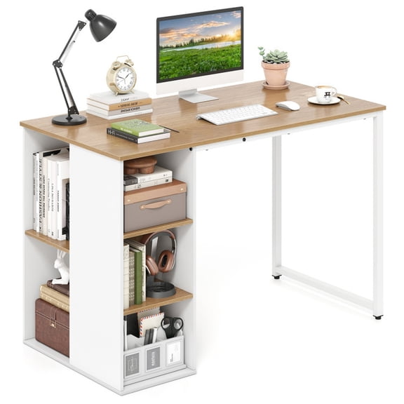 Furnibear Computer Desk 45 Inch Home Office Gaming and Writing Workstation Table with 5 Storage Shelves and Sturdy Metal Frame for Study and Work, Natural