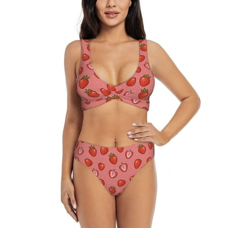 Balery Red Strawberry Women s Bikini Set - Sexy Two Piece Swimsuit with Adjustable Straps and High Waisted Bottoms-Medium