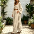 thumbnail image 6 of Maqroz Womens 3 Piece Outfits Sleeveless V Neck Crop Top Long Sleeve Open Front Cardigan Cover Up Wide Leg Pants Casual Beach Vacation Lounge Wear Boho Matching Sets, 6 of 7