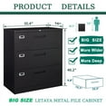 thumbnail image 3 of MIIIKO 3 Drawer Lateral File Cabinet with Lock, Black Lateral Filing Cabinet for Legal/Letter A4 Size, Locking Wide File Cabinet for Home Office, Metal, 3 of 6
