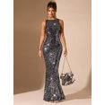 thumbnail image 5 of Silver Womens Scoop Neck Sleeveless Slim Fit Sequin Evening Gown Maxi Dress, 5 of 7