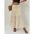thumbnail image 4 of Women Tiered Long Skirts Pleated A Line Adjustable Elastic Waist with Drawstring Flowy Long Skirt Beige L, 4 of 9