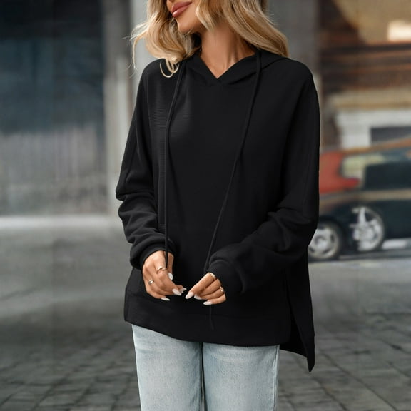 Women’s Solid Color Pullover Hoodie – Long Sleeve Soft Lightweight Sweatshirt with Drawstring Hood Black