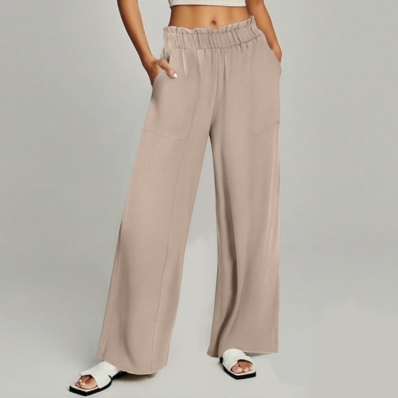 Odbmxy Straight-Leg Womens Pants Plus Size Full Length Women's Trousers Casual Beige Elastic Waist with Pockets Palazzo Pants,S