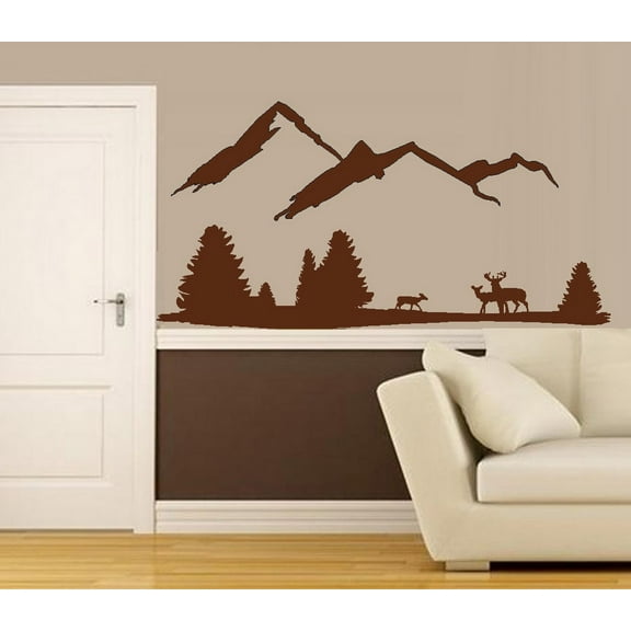 Decal ~ Deer Mountain Scene #3 with Three Deer: Wall Decal 45" x 60" Brown