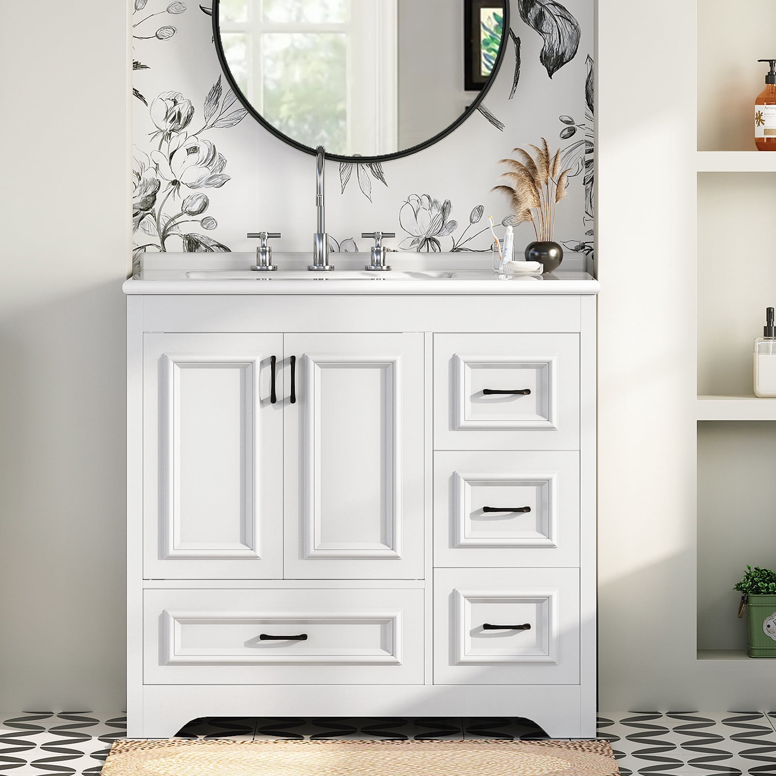 HOOBRO Bathroom Vanity with Sink, Modern Storage Cabinet with Ceramic Countertop, Drawers and Cabinet, Arc Bottom Design and Metal Glides, Drain Kit Not Included, for Bathroom, White WT02BV01