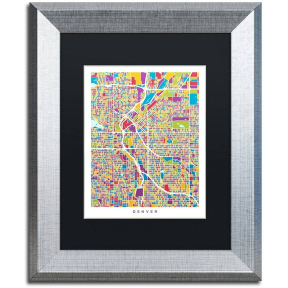 Trademark Fine Art "Denver Colorado Street Map 2" Canvas Art by Michael Tompsett, Black Matte, Silver Frame