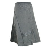 Mogul Women's Grey Stonewashed Skirt Embroidered Elastic Waist Rayon Skirts