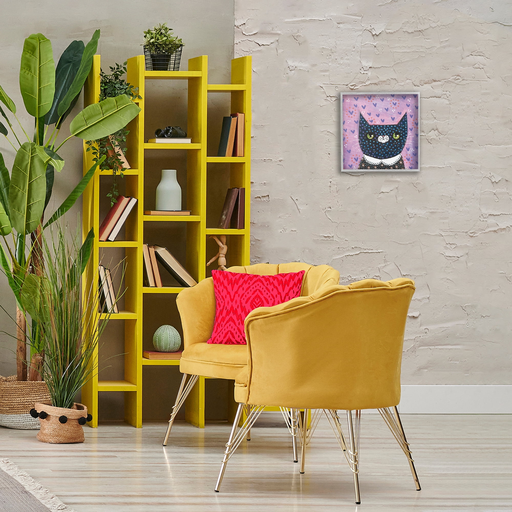 Stupell Industries Whimsical Patterned Cat Animals & Insects Painting Gray Framed Art Print Wall Art, 12 x 12