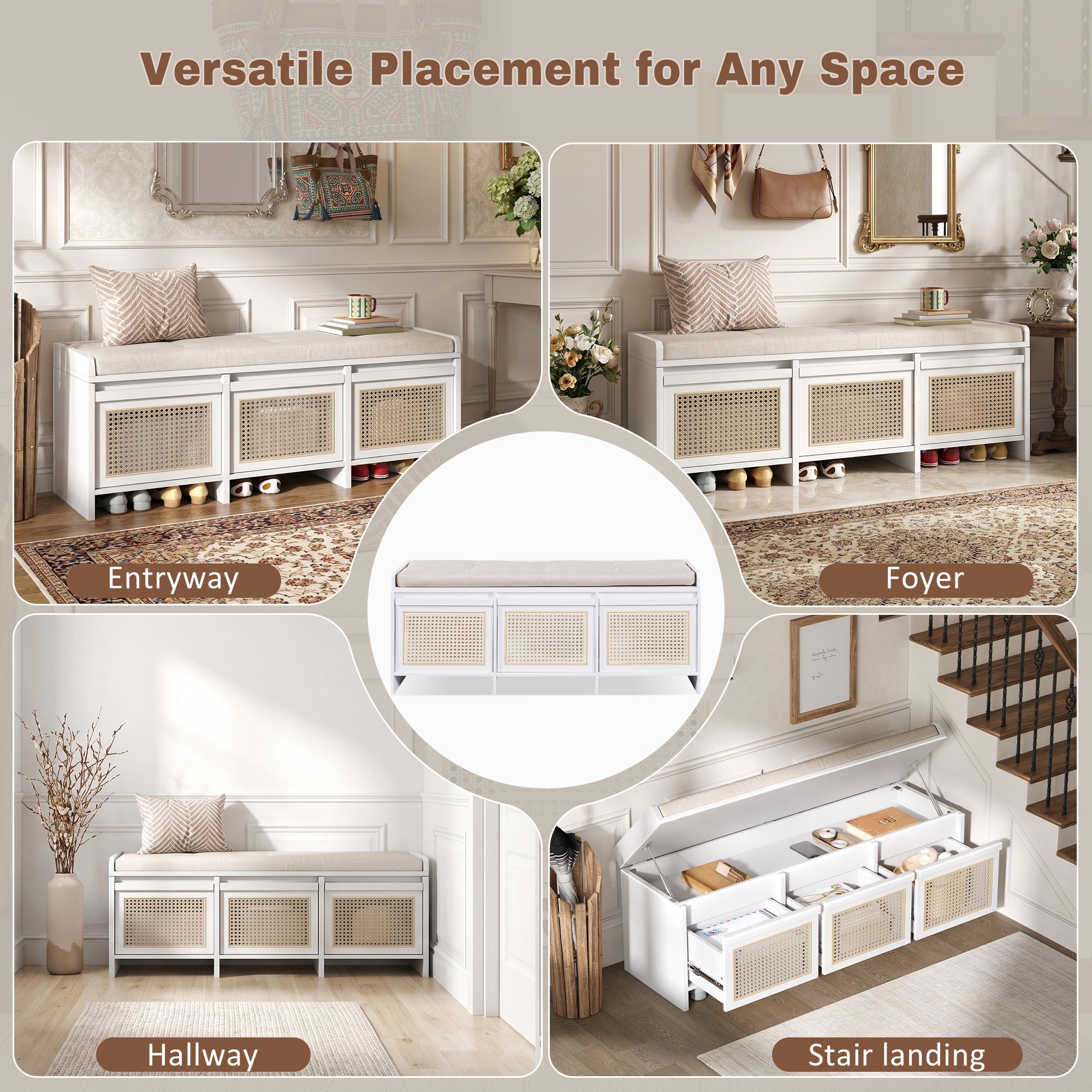 Shoe Bench 48 Inch Entryway Storage Bench with Rattan Drawers and Tufted Cushion, Hallway Seating and Shoe Rack Organizer for Living Room Foyer, White