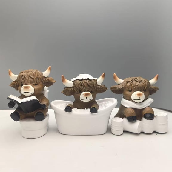3 Pcs Highland Cow Figurines, Scottish Resin Cow Gnome Bath Statues, Cute Yak Decor for Home Garden Kitchen Office, Tiered Tray Table Ornaments - Perfect Gifts for Calf Lovers
