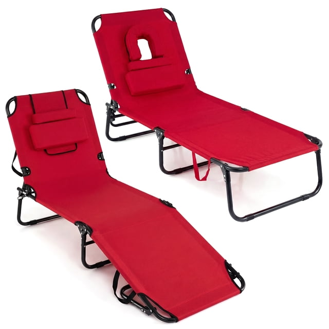 Gymax 2PCS Folding Beach Sun Lounger w/Face Hole & Removable Pillow 4Position Backrest