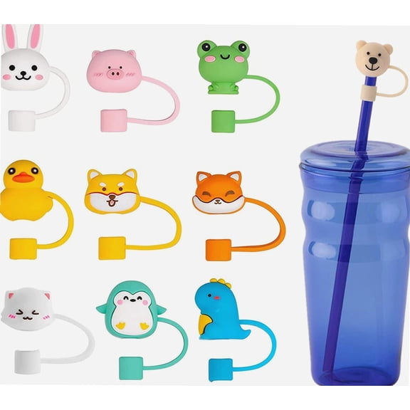 10Pcs Silicone Straw Toppers for Tumblers, Lovely Cartoon Reusable Covers Caps Lids for Drinking Straws DIA 6-8 mm (10 Animal Styles)