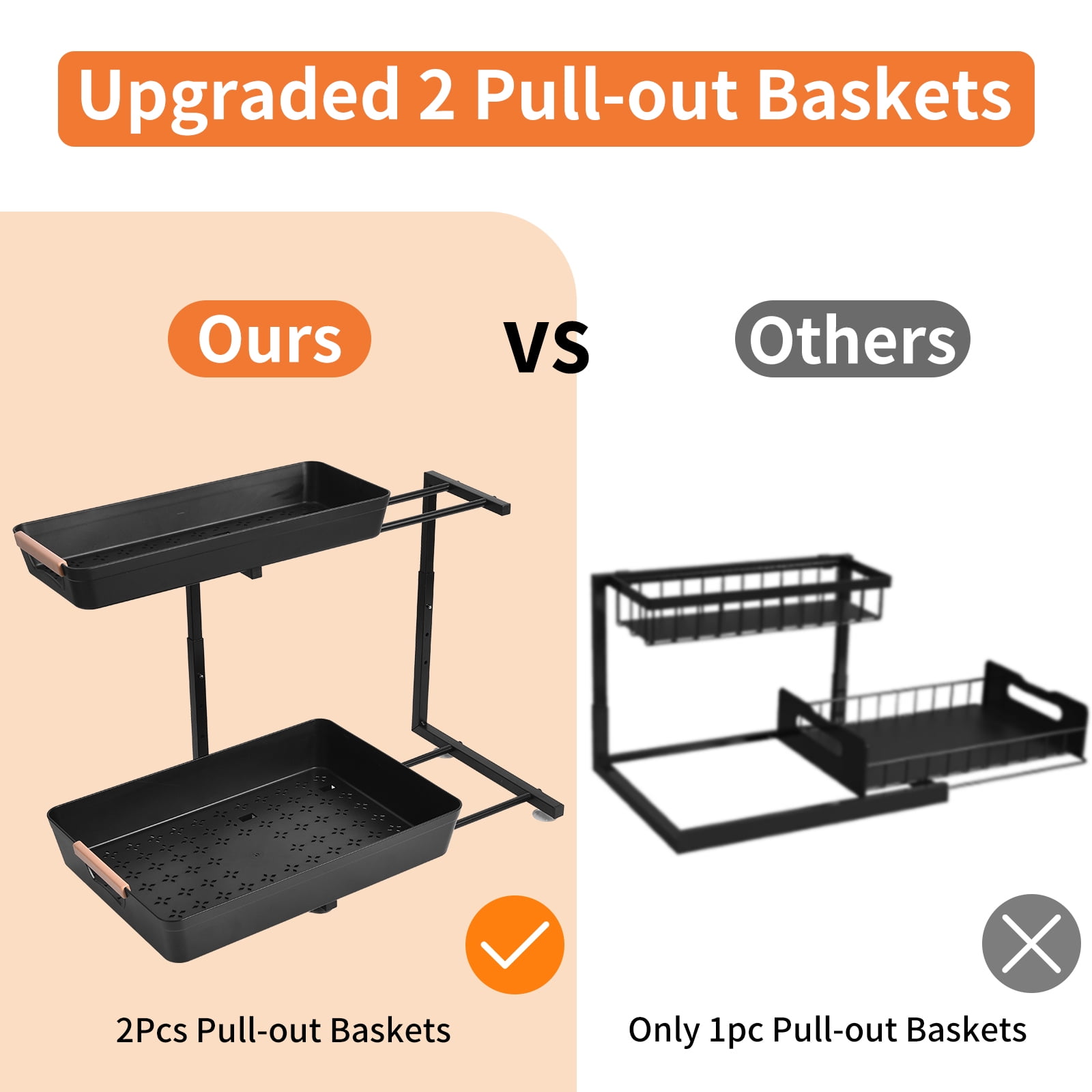 YTKUS 2 Tier Under Sink Organizers and Storage 2 Pack Height Adjustable Sliding Drawer Cleaning Organizer with Handles for Kitchen Bathroom Pantry Home,Black