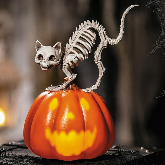 11 1/2" Animated Pumpkin with Skeleton Cat Tabletop Halloween Decoration