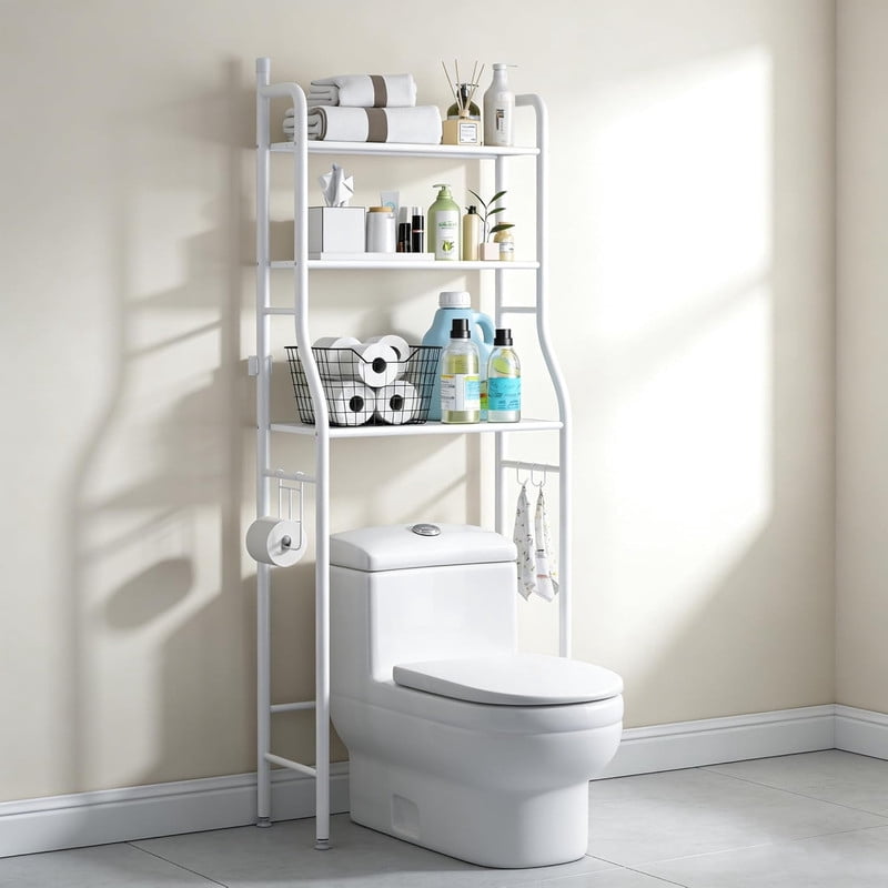 3-Tier Over the Toilet Storage Shelf with Adjustable Foot Pads, Anti-Tilt Metal Bathroom Organizer with Paper Holder & 4 Hooks, No Drill Space Saving Toilet Rack