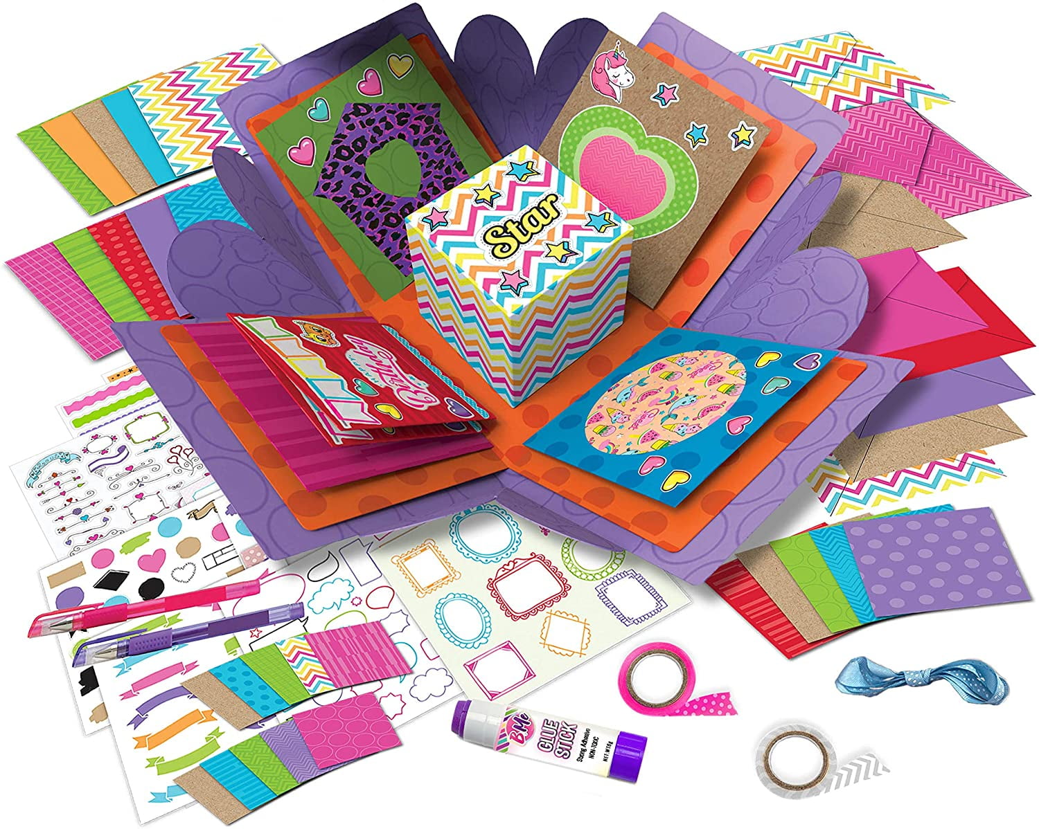 DIY Card Kit Set of 6 cards 2 styles embellishments and pre-cut pieces; 1 finished Birthday Card Making Kit ; includes envelopes