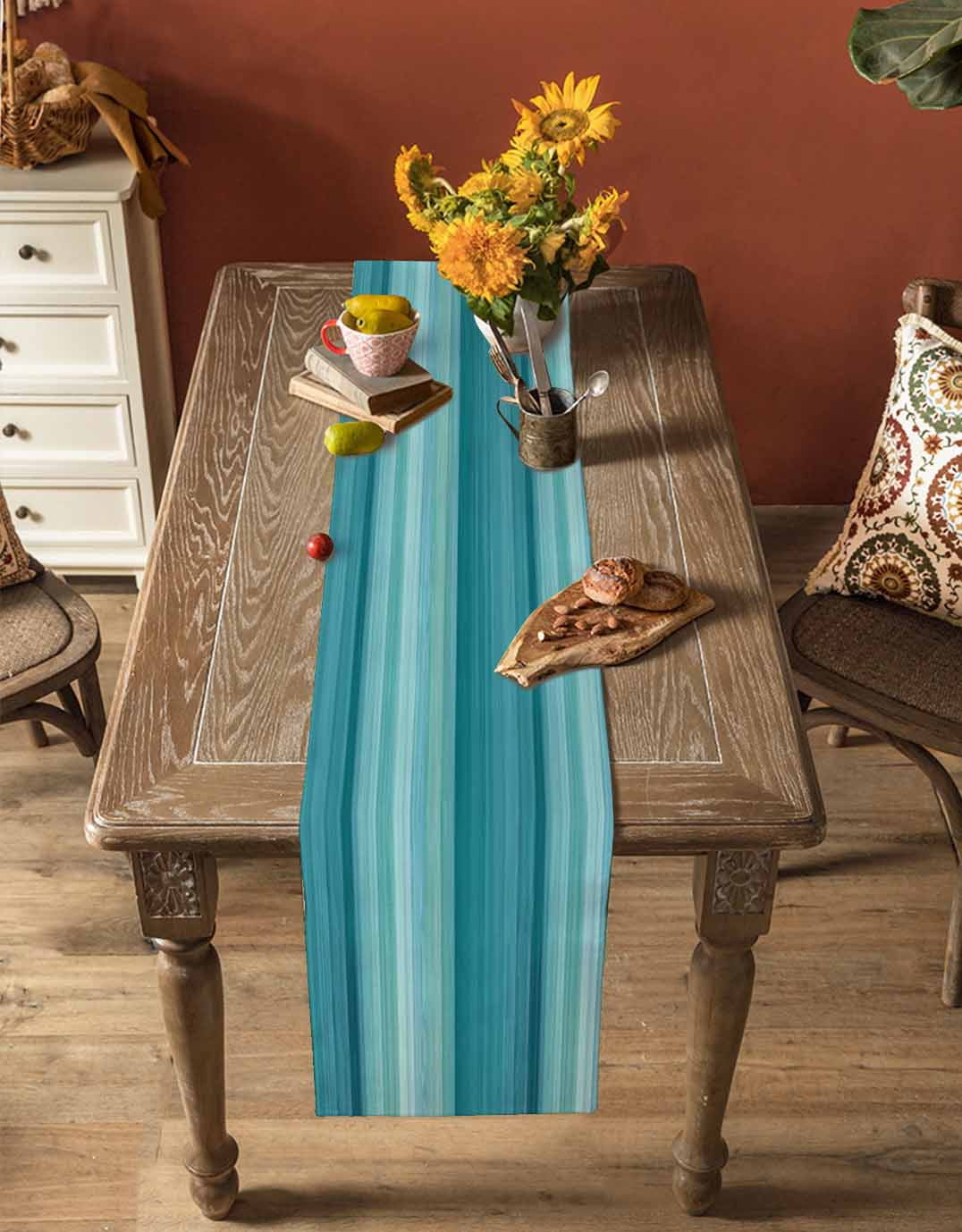 Hokiten Table Runners 90 Inches Long Dress Scarves, Teal Turquoise Aqua Ombre Farmhouse Coffee/Dining/Kitchen Table Runner for Living Room, Contemporary Abstract Lines 13x90 Inch