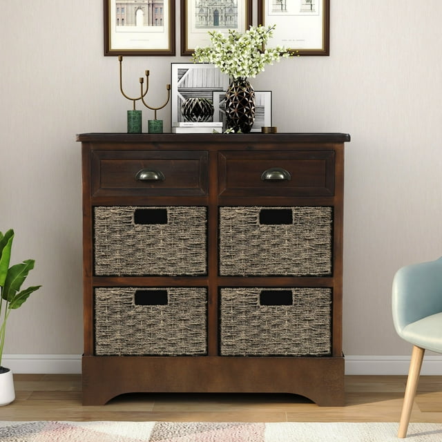 Deiokin Armoire de Rangement Rustique avec Paniers en Rotin, Buffet Champêtre de 28 Pouces pour Salon