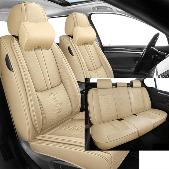 Car Seat Covers Fit for Honda 99% Car Models,Breathable and Comfortable Leather Seat Covers,Waterproof Car Seat Protectors for 5PCS Seats,Easy to Install(Beige,Pillows)