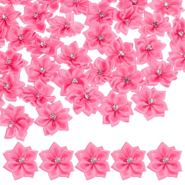 Uxcell 200-pack Flores de Cinta de Satén, Flores de Tela Mini de 1.2 Pulgadas con Strass para Manualidades y Proyectos de Bricolaje Rojo Melocotón
