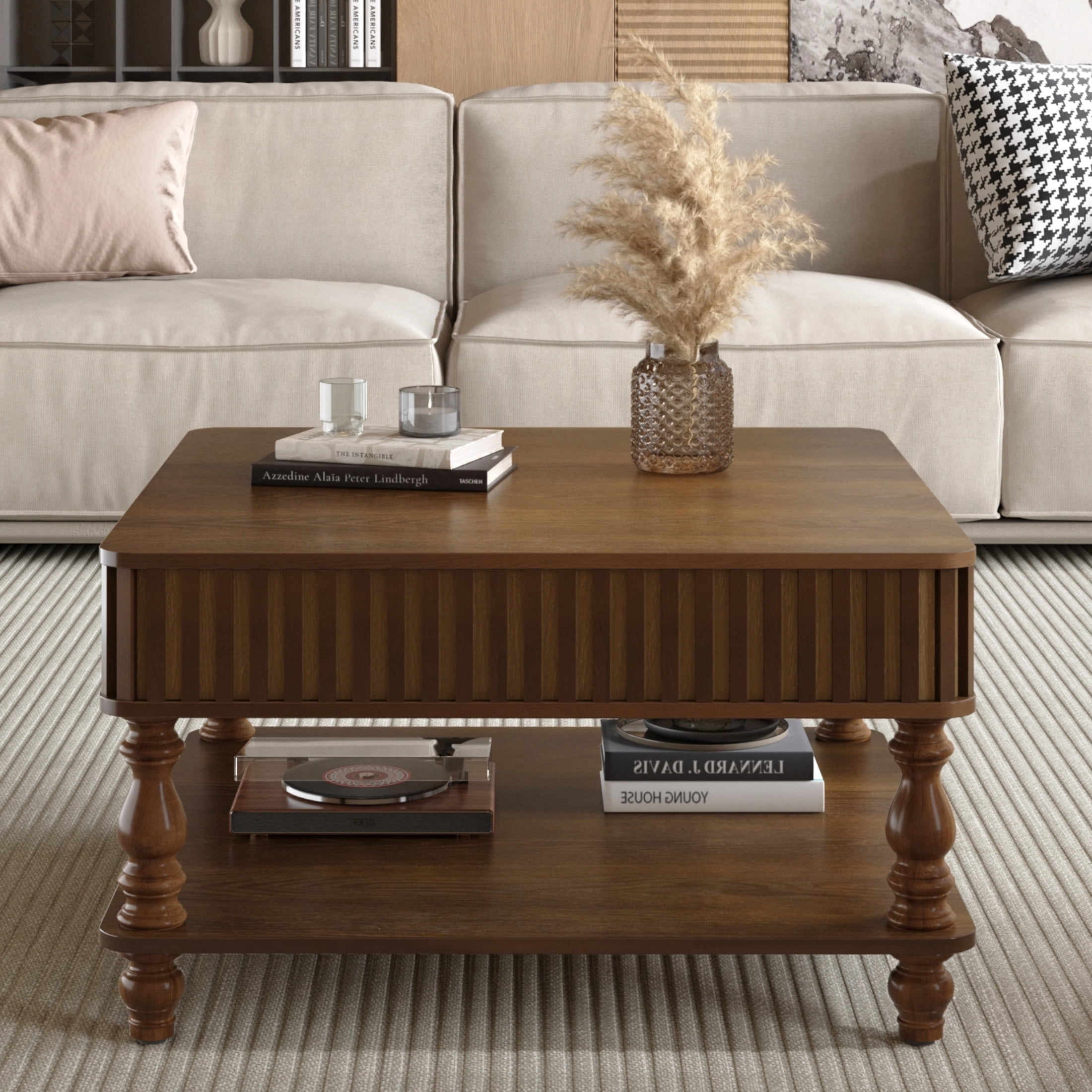 Noble House Square Fluted Lift-Top Coffee Table with Hidden & Open Storage, Hydraulic Design and Solid Wood Legs, Walnut Brown