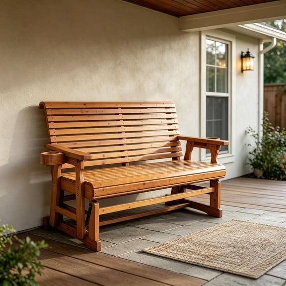 Innovaze Outdoor Wooden Glider Bench with Cup Holders, 2- Person Porch Glider Heavy Duty 800 lbs, Teak Tone
