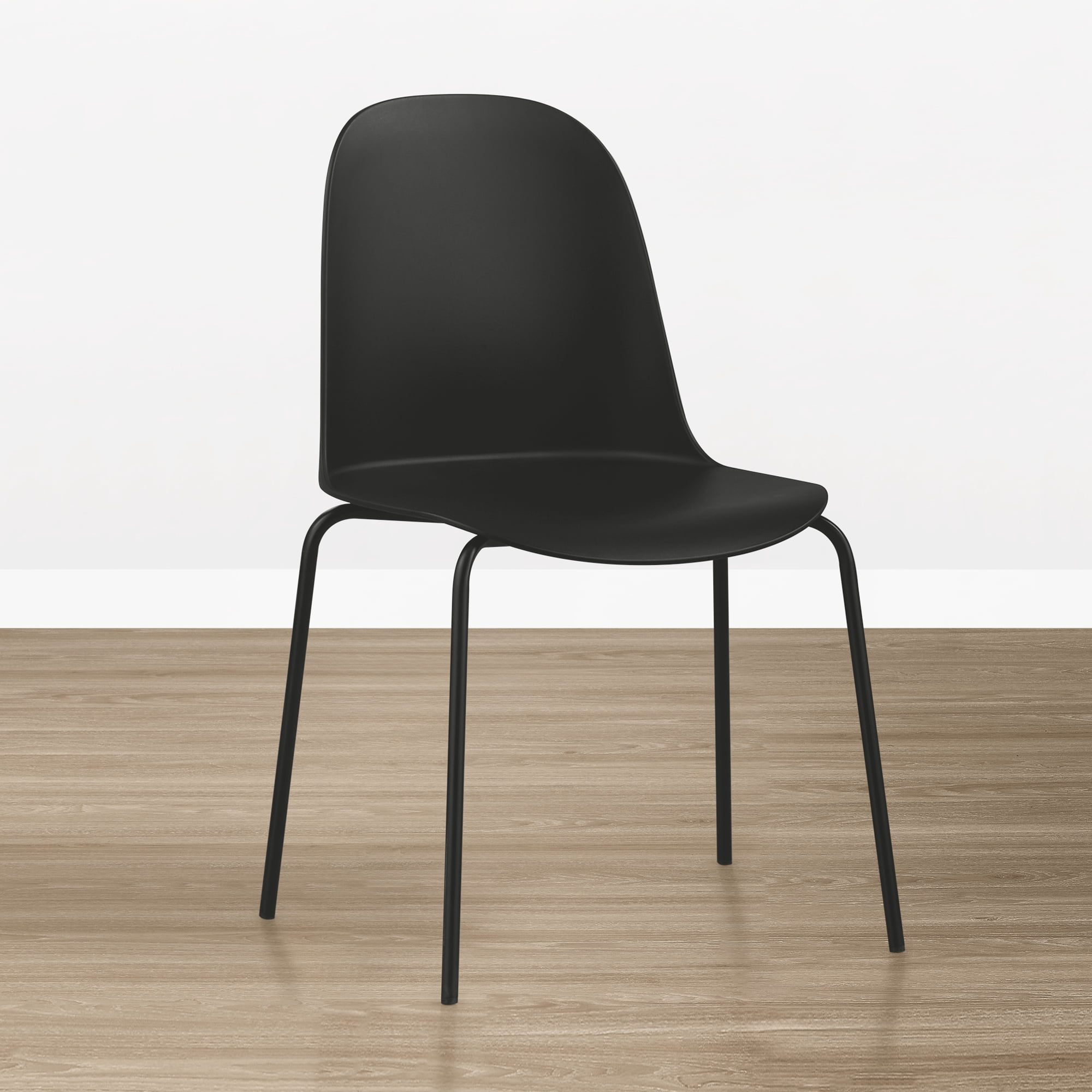Spruce & Spring Modern Stackable Dining Chairs, Molded Plastic Kitchen Chairs with Metal Legs, Space-Saving Armless Design, BLACK, Set of 4