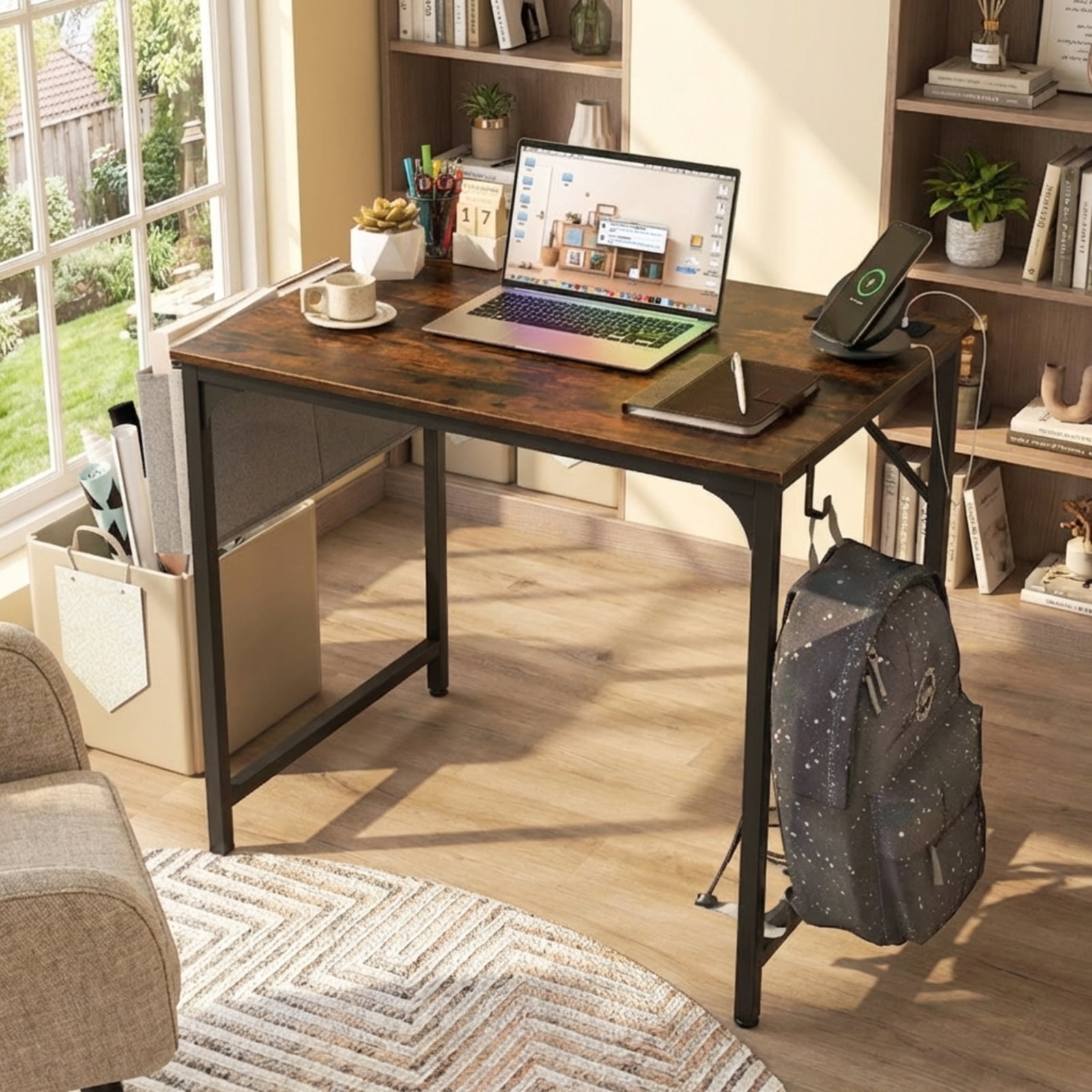 Furnibear 32 Inch Home Office Writing Desk with Charging Station Storage Bag and Headphone Hook - Rustic Brown