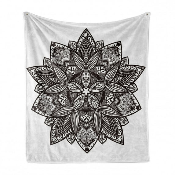 Lotus Soft Flannel Fleece Throw Blanket, Paisley Mandala Oriental Style Vintage Tattoo Pattern, Cozy Plush for Indoor and Outdoor Use, 70" x 90", Seal Brown White, by Ambesonne
