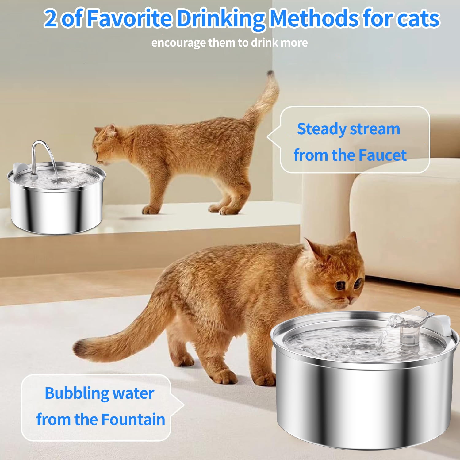 Petavista Cat Water fountain 140oz/4L Stainless Steel Cat Fountain Water dispenser for cats and dogs