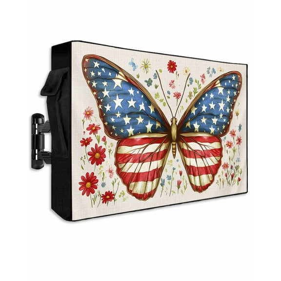 4th of July Outdoor TV Cover 70 to 75 Inch Weatherproof, Independence Day Butterfly Botanical 600D Oxford TV Covers with Waterproof Zipper, Outside Flat TV Screen Protector Size 68"W x 42"H x 4.5"D