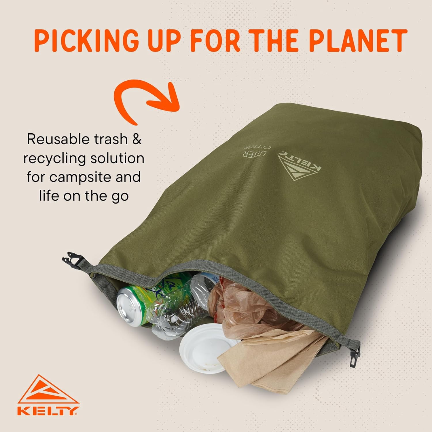 Kelty Litter G’tter Reusable Heavy Duty Garbage Bag and Carry Sack for Firewood, Cans, and Campsite Trash – Puncture + Water Resistant Fabric, Roll Top, 30L Capacity