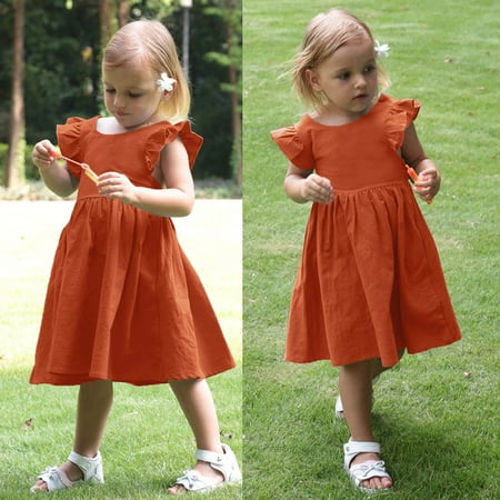 

Huilaibazo Girls Dress Kids Girls Toddler Soild Cotton Linen Ruffle Halter Boeknot Sleeveless Princess Dresses