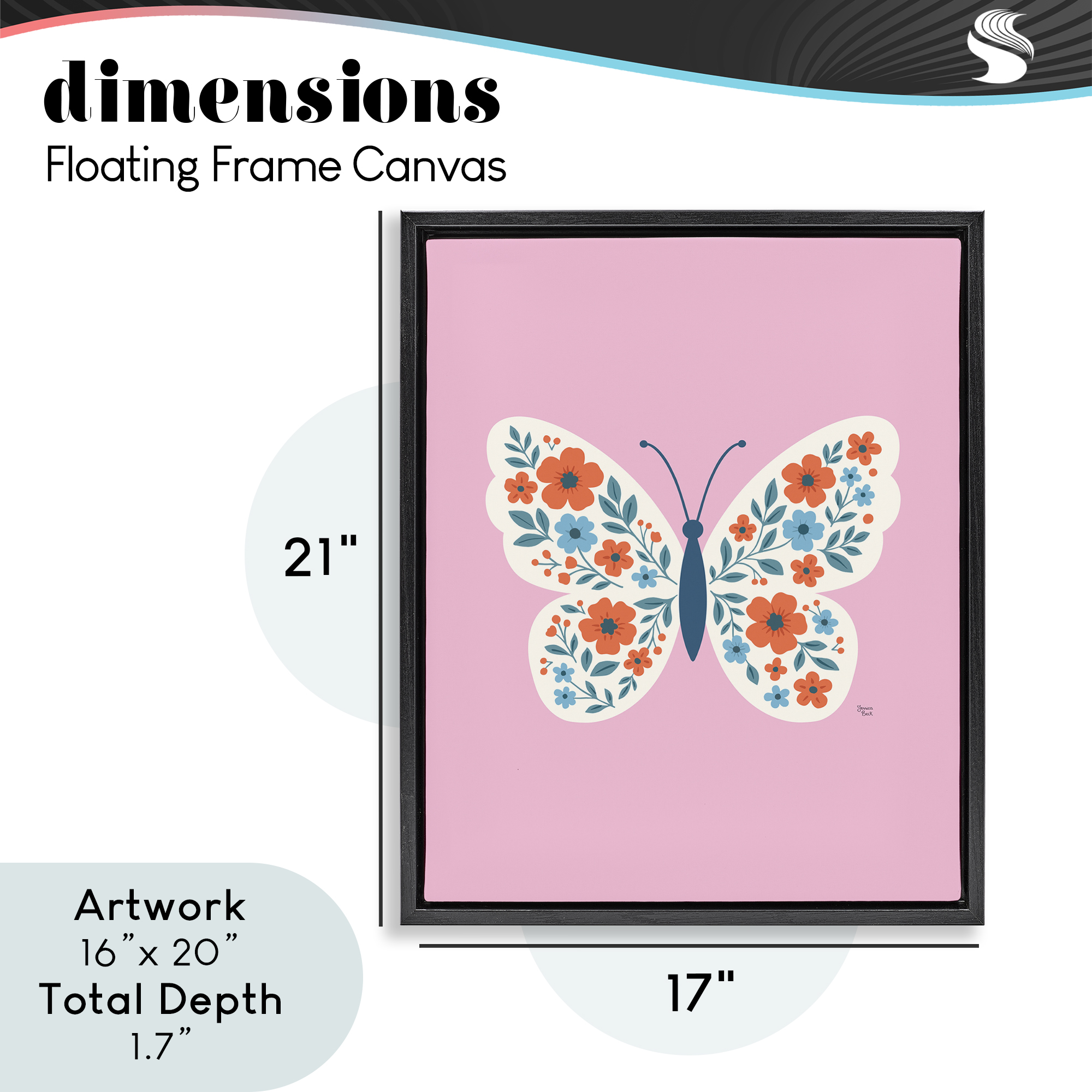 Boho Pink Floral Butterfly Black Framed Floater Canvas Wall Art, design by Jessica Beck